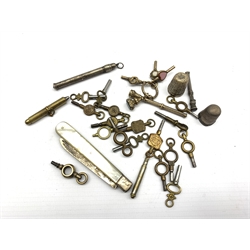 Number of pocket watch keys, pinchbeck seal, miniature silver seal top propelling pencil, other pencils, silver and mother of pearl fruit knife, two silver thimbles etc