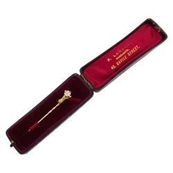 Victorian gold eagle talon claw stick pin set with a single stone old cut diamond of approx 0.40 carat, in velvet and silk lined box by F. Larrard, Saville Street