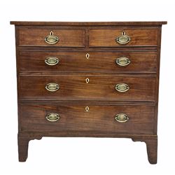 George III mahogany chest fitted with two short and three long cock beaded drawers with plate brass pull handles and ivory escutcheons, raised on bracket supports W97cm, H93cm, D47cm