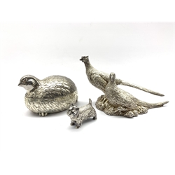 A silver-plated model of two Pheasants L24cm, similar style model of a terrier and a silver-plated box and cover in the form of a Partridge (3)
