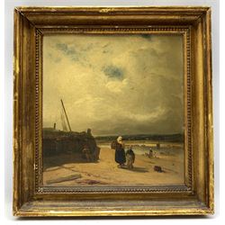 Attrib. Paul Huet (French 1803-1869): 'Low Tide at the Mouth of the Estuary', figures in a seaside landscape, oil on board unsigned, titled verso 32cm x 29cm