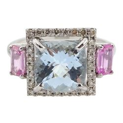 18ct white gold princess cut aquamarine, with round brilliant cut diamond halo surround and two pink sapphires set either side, stamped K18, aquamarine approx 2.00 carat, total pink sapphire weight approx 0.50 carat