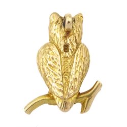 9ct gold owl charm/pendant, with green stone set eyes, hallmarked