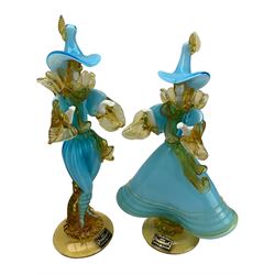 Pair of Venetian glass Flamenco dancers, signed by G Toffolo, with original Venetian Glass Company labels, H42cm max