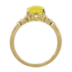 9ct gold single stone opal ring, with baguette and round cut diamond shoulders, hallmarked