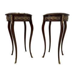 Pair late 20th century French style lamp tables, stained beech with circular variegated marble tops, the frieze panels decorated with cast gilt metal mounts of trailing foliage, tapering cabriole supports 