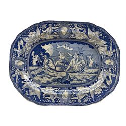 Early 19th century pearlware rectangular platter printed in blue with 'The Apotheosis of Nelson' with Britannia and Neptune in a chariot drawn by hippocampi 32cm x 25cm 
