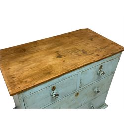 Victorian pine painted chest, two short over two long drawers, distressed turquoise paint and waxed finish, on turned feet