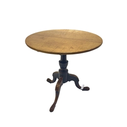 Early 19th century mahogany tripod table, circular tilt top on turned column, three out splayed supports, D78cm, H72cm