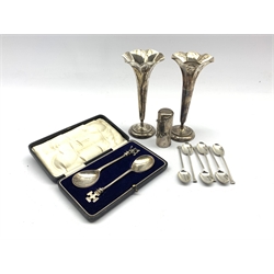  Pair of silver Winchester presentation spoons with Trusty Servant and St Cross finials Chester 1929/30, cased, pair of silver trumpet shape vases H18cm set of six silver seal knop coffee spoons and a Sterling perfume flask frame   