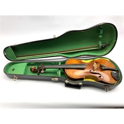 Early 20th Century violin inscribed R Jensen, East Rand, Transvaal, No.1 May 1910, length of back 37cm together with a bow with indistinct makers mark 