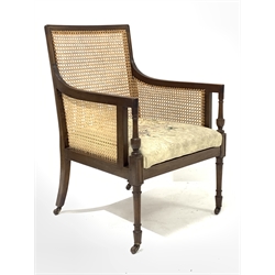 20th century Regency style mahogany bergere armchair, moulded frame, crewel work cover upholstered seat, W60cm, seat width - 53cm, seat depth - 53cm
