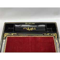 Victorian papier mache writing slope by Jennens & Bettridge with gilt decoration on black ground, the top painted with a scene depicting 'Loch Ness and Urquhart Castle' inlaid with mother of pearl, the interior lined with red velvet, stamped to the base
