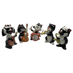 Five Lorna Bailey Cat Jazz Band figures 'Lorna's Jazz Band', comprising Guitarist, Drummer, Sax, Clarinet and Double Bass, H14cm max (5)