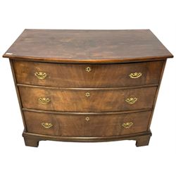 19th century figured walnut bow-fronted chest, the top with book-matched veneers, fitted with three long drawers, on bracket feet