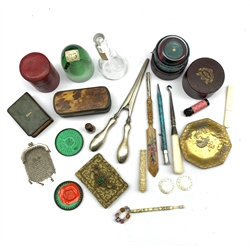 19th century horn and tortoiseshell snuff box, small Japanese gilded dish relief decorated with a Crane, two 19th century Mother-of-Pearl gaming counters, small desk seal, small mesh coin purse, 19th century Canton carved needle case Stanhope and miscellanea in one box