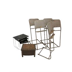 Bentwood Thonet type chair, ebonized table, set of five mid 20th century tubular metal music stands, together with pine nest of tables and oak stool