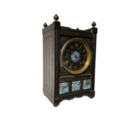 French - 19th-century 8-day slate mantle clock, rectangular case with inset blue and white panels entitled Earth, Air and Water in the aesthetic style, with a black slate dial engraved with contrasting gilt Roman numerals and a conforming blue and white patterned centre, twin barrel movement striking the hours on a coiled going. With pendulum.