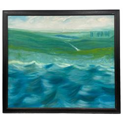 English School (Late 20th Century): Rough Seas Beside a Cliff, oil on canvas unsigned 97cm x 112cm 