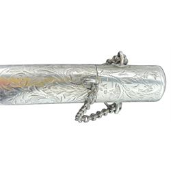 Edwardian silver pen case with engraved decoration and hinged lid Birmingham 1903 L15cm and a pencil case of similar design Birmingham 1906 