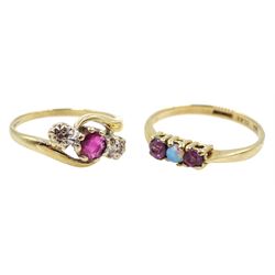 Gold amethyst and opal three stone ring and a gold ruby and diamond three stone ring, both hallmarked 9ct