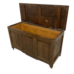18th Century oak coffer or chest, rectangular hinged top with moulded edge, triple panelled front, on castors