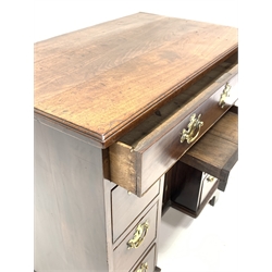 Georgian mahogany knee hole desk, rectangular moulded top, long drawer above frieze drawer, six small drawers and cupboard, on bracket feet, W80cm, H76cm, D47cm