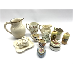 Dolls Parian ware tea set, six pieces, Victorian Parian 'Society of Art prize jug', small Parian jug, pair of 19th century miniature jugs and other items