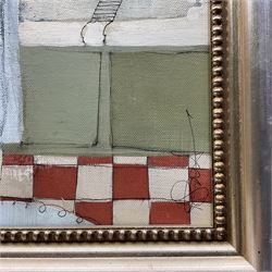 Angela Smyth (Yorkshire Contemporary): In the Chequered Bathroom, oil on canvas signed 39cm x 39cm 