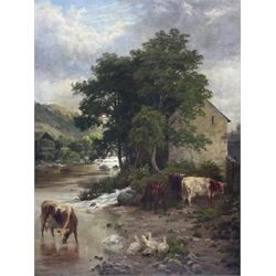 W Hodgson (British 19th century): Highland Cattle and Geese Watering at River, oil on canvas signed and dated 1878, 57cm x 43cm