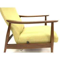 Milo Baughman - Danish teak framed rocking and reclining lounger armchair with rest lever, upholstered in pale green fabric, circa. 1950s, W70cm