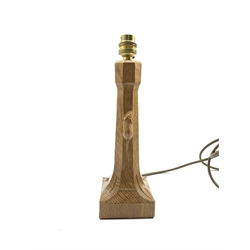 Thompson of Kilburn 'Mouseman' adzed oak table lamp with octagonal stem on a leaf carved square base with carved mouse signature H26cm excluding fitting 