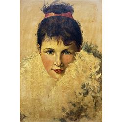 EC (French School Early 20th century): Portrait of a Girl in a Fur Coat, oil on board signed with initials EC 40cm x 27cm