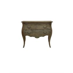 French style pine bombe chest, the moulded edge over two drawers and shaped apron, raised on square tapering supports W110cm, H89cm, D55cm