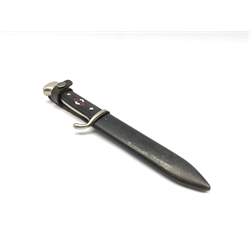 German Third Reich Hitler Youth knife, the 13.5cm blade stamped 'RZM M7/11 1941', nickel plated hilt and black plastic grip inset with enamelled badge in steel scabbard with leather strap 