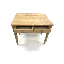 Victorian pine kitchen side table, with drop leaf to reverse, two frieze drawers, raised on turned supports, 