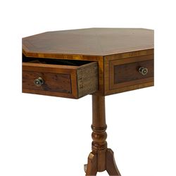 Late 20th century yew wood tripod table, octagonal banded top with segmented figured veneers, fitted with two frieze drawers, on turned mahogany base with three splayed supports
