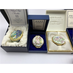 Halcyon Days enamel Millenium oval box, Chinese design box and three other Halcyon Days boxes and two Crummles enamel boxes