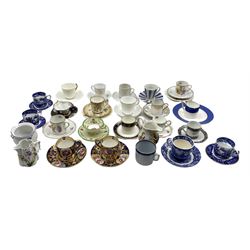 Collection of 19th and 20th century porcelain cabinet coffee cups and saucers including three Copeland blue and white Willow pattern coffee cups, two Crown Staffordshire coffee cans pattern no. A3215, Hammersley, Dresden and others, together with a Meissen milk jug 