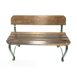 20th century garden bench with green powder coated scrolled wrought metal supports and slated oak seat and back W122cm