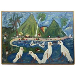 Raskassa aka Arthur S Richardson (Rastafarian Contemporary): Saint Lucia Beach with Figures and Gulls, oil on canvas signed 69cm x 96cm