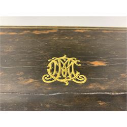 Victorian Coromandel vanity or toilet box, retailed by Asprey of 166 Bond Street, the cover brass inlaid with the monogram MMC, which opens to reveal a red velvet fitted interior with removeable mirror and lift out tray, L36.5cm x D27cm 