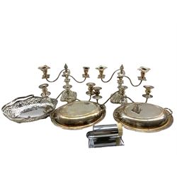 Pair of silver-plated candelabra, pair of entree dishes, pierced silver-plated basket and other silver-plate