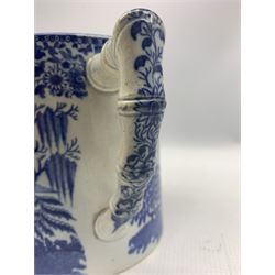 Two early 19th century Pearlware Porter's mugs with faux bamboo handles, printed in underglaze blue with a Hunting Scene and figures in an Oriental landscape, H13.5cm 