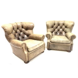  Ralph Lauren for Harrods - Large pair of armchairs, upholstered in deep buttoned green tan leather, with loose cushion, raised on compressed bun feet, W95cm, H93cm, D100cm  
