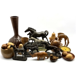 Collection of turned wooden items including a bottle shaped vase with fluted carved decoration, turned wooden eggs, jar and cover etc together with three bronzed animal figures and a Border Fine Arts model of an English Pointer 