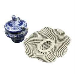 18th century creamware oval basket, probably Leeds, of interlaced design L29cm and a Victorian blue and white sauce tureen with ladle and stand