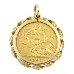 King Edward VII 1907 gold half sovereign coin, loose mounted in 9ct gold pendant