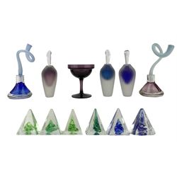 Five studio glass pyramid form paperweights by Dan Aston, three honeycomb satin glass scent bottles, and two others, in the style of Bob Crooks, each signed IEW, max H17cm, together with a Wedwgood amethyst glass candle holder (12)