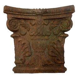 Pair of cast iron square column capitals or collars, four-piece concaved square form decorated with anthemion motifs and central urn 